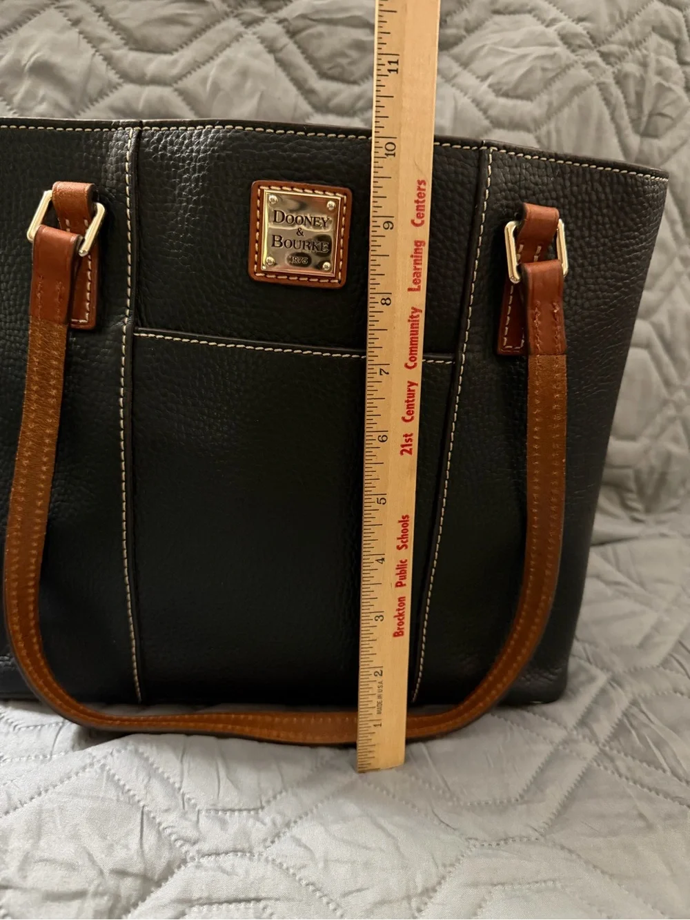 Dooney & Bourke Black Pebbled Leather Tote with Tan Straps